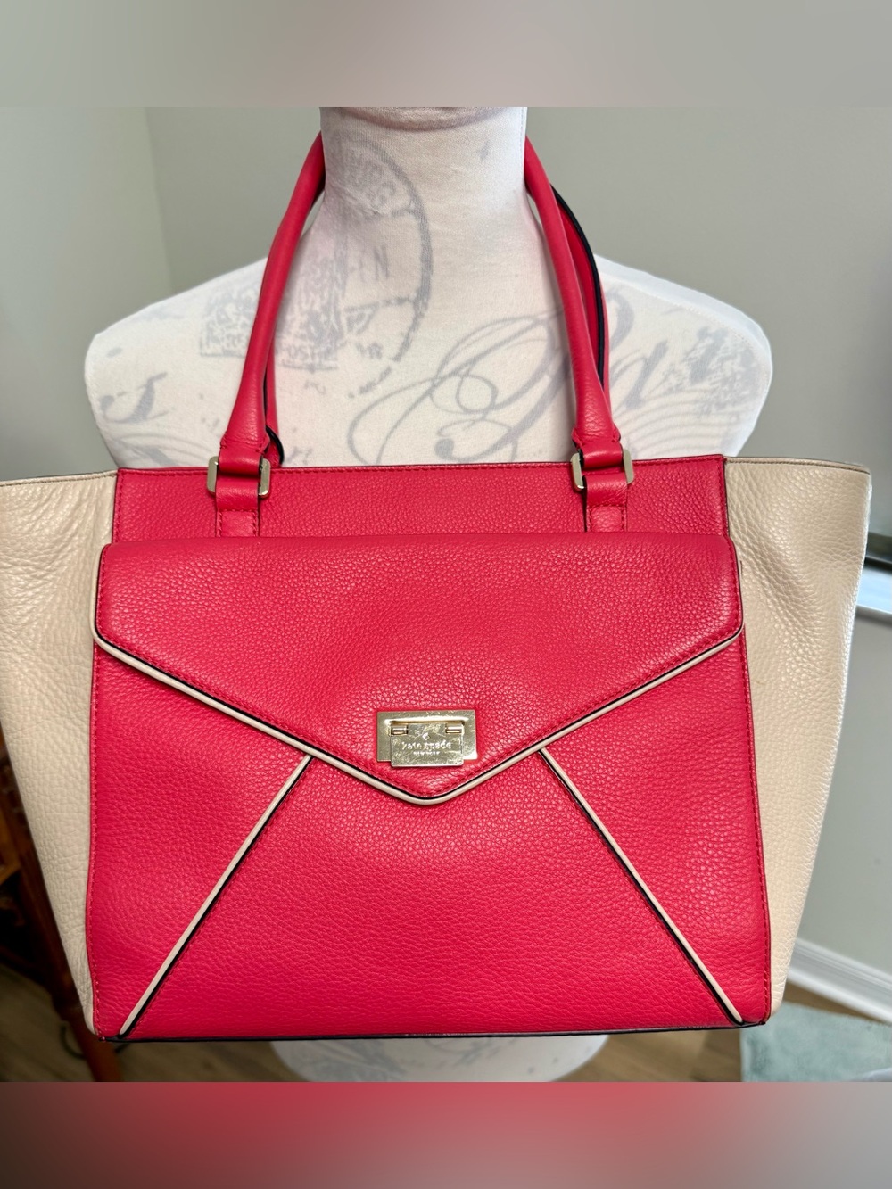 KATE SPADE Leather Envelope Zipper Top Shoulder Tote Bright Pink Beige